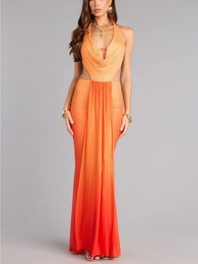 NWT Orange Ombre Halter Cowl Maxi Dress